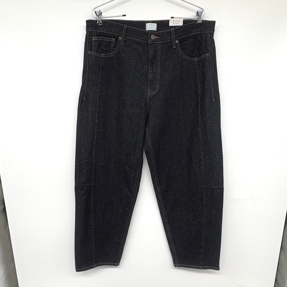 Time and Tru Barrel Leg Jeans Women 14 Dark Blue Rinse Wash High Rise Tapered